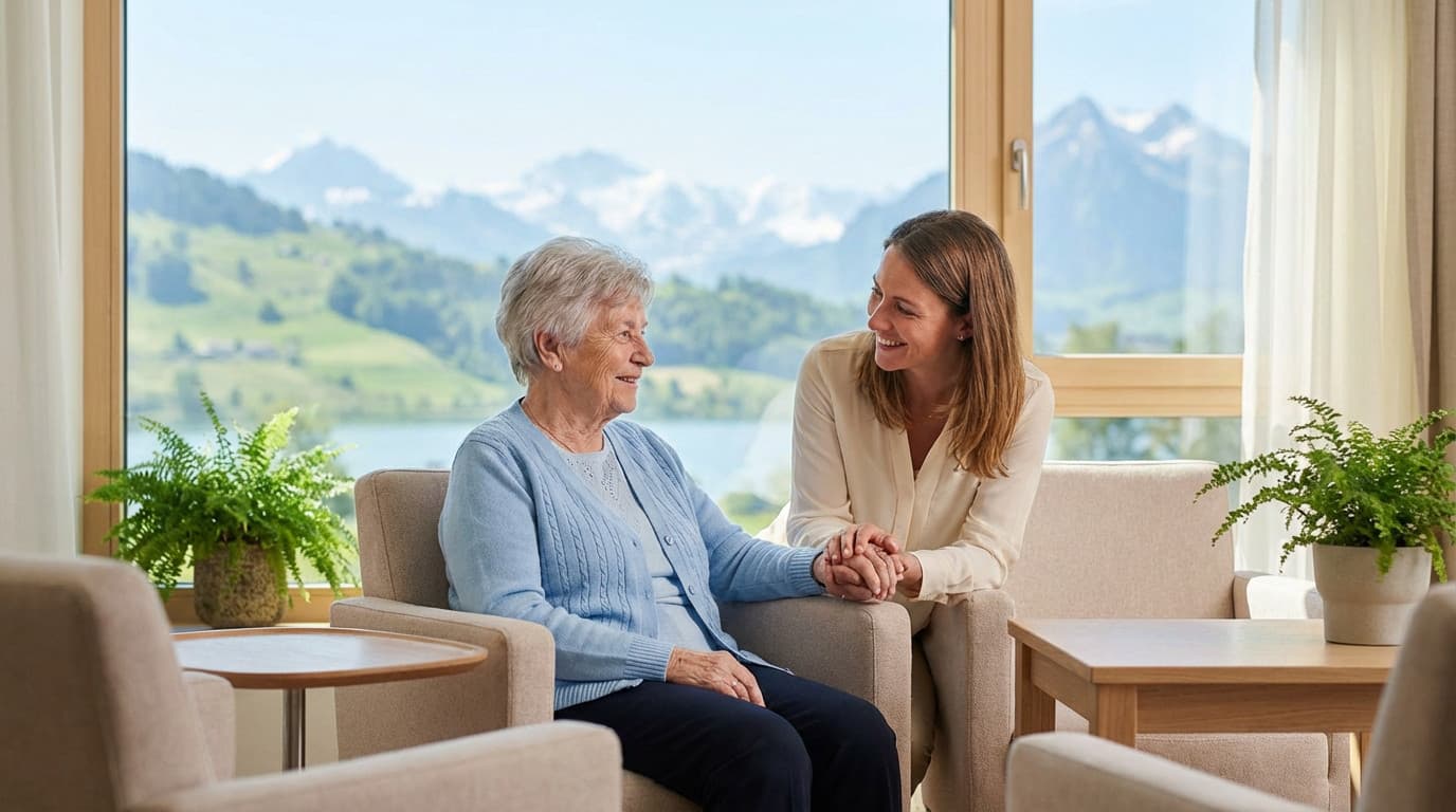 Une femme âgée et une jeune femme se sourient en se tenant la main, dans un salon lumineux avec vue sur les montagnes suisses.
